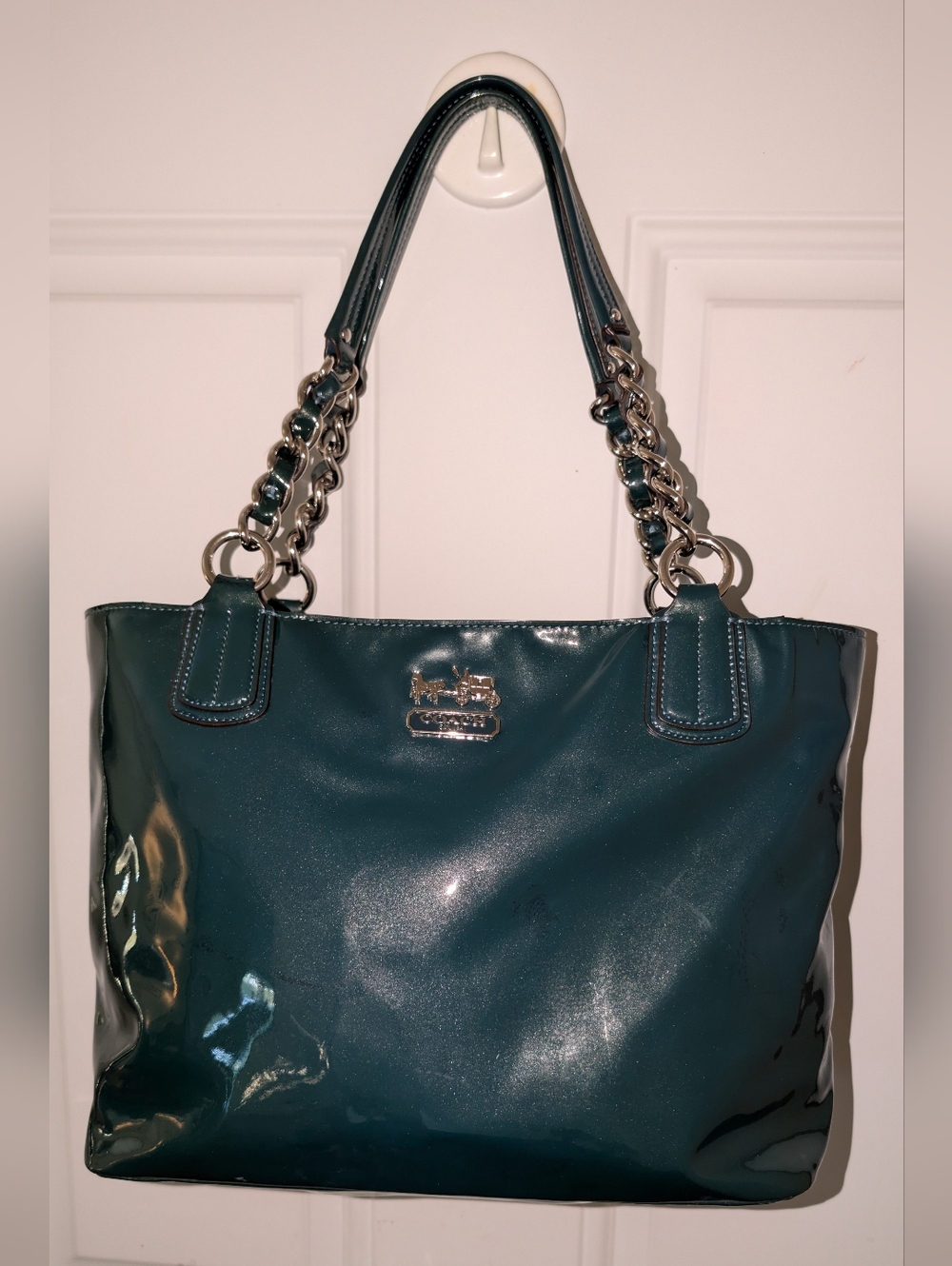 COACH MADISON GLOSSY PATENT LEATHER TOTE 18770 TEAL WITH COA GUC